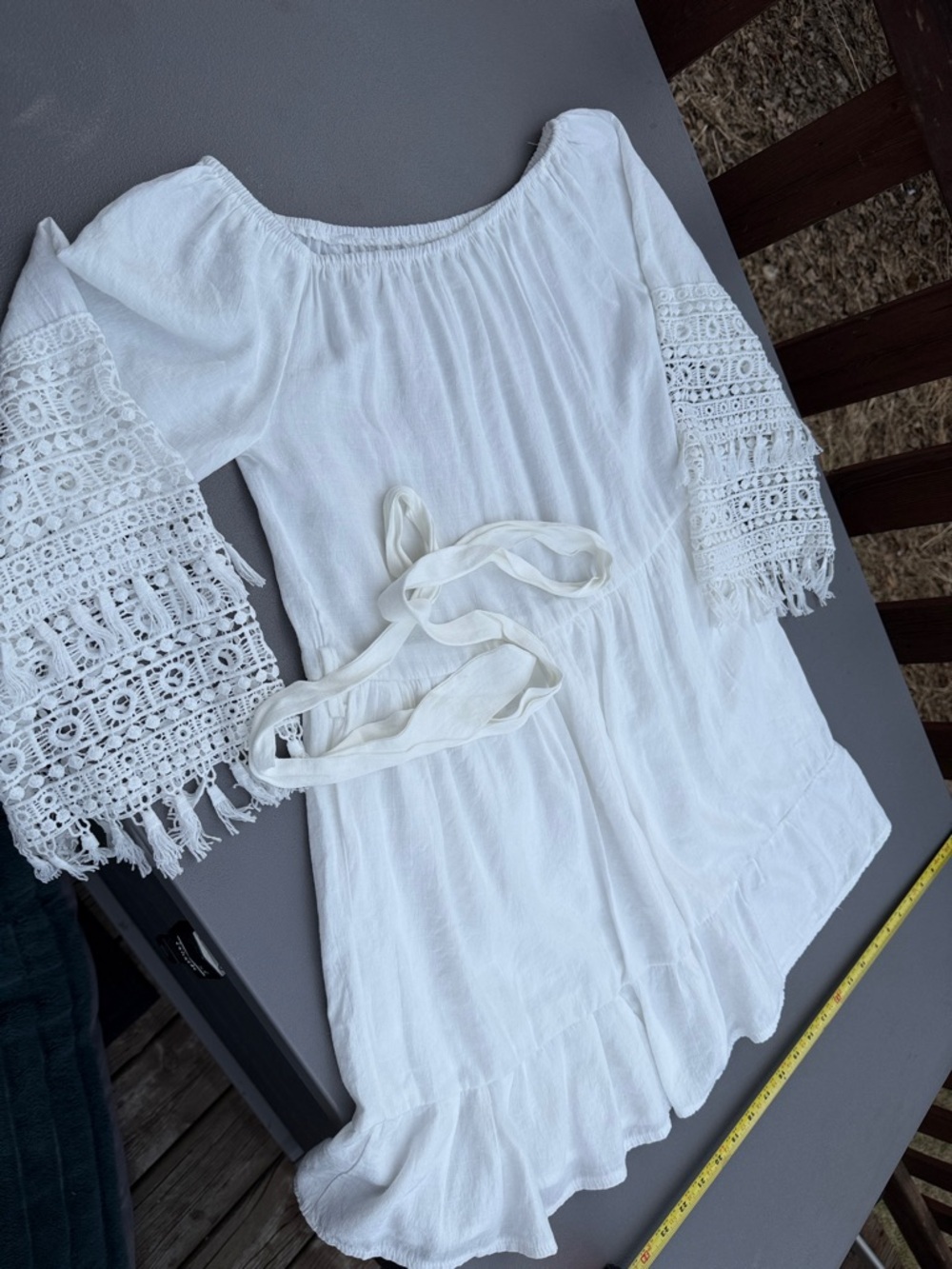 White off shoulder Crochet-tassel Sleeve Women’s Peasant Top mini Dress Tiered